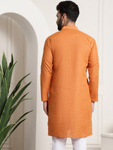 Men's Orange Full Sleeves Straight Cotton Kurta