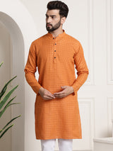 Men's Orange Full Sleeves Straight Cotton Kurta