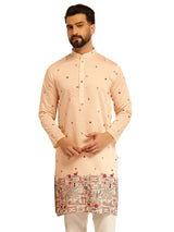 Men's Orange Full Sleeves Straight Embroidered Kurta
