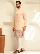 Men's Orange Full Sleeves Straight Embroidered Kurta
