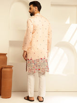 Men's Orange Full Sleeves Straight Embroidered Kurta