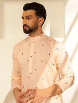 Men's Orange Full Sleeves Straight Embroidered Kurta
