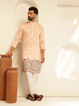Men's Orange Full Sleeves Straight Embroidered Kurta