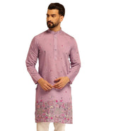Men's Purple Full Sleeves Straight Embroidered Kurta