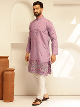 Men's Purple Full Sleeves Straight Embroidered Kurta