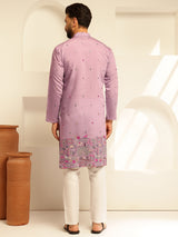 Men's Purple Full Sleeves Straight Embroidered Kurta