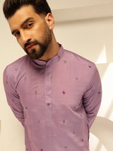 Men's Purple Full Sleeves Straight Embroidered Kurta