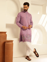 Men's Purple Full Sleeves Straight Embroidered Kurta