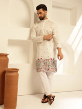 Men's White Full Sleeves Straight Embroidered Kurta