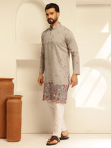 Men's Grey Full Sleeves Straight Embroidered Kurta