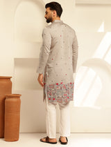 Men's Grey Full Sleeves Straight Embroidered Kurta