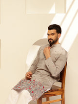 Men's Grey Full Sleeves Straight Embroidered Kurta