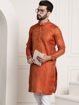 Men's Orange and Gold Festive Embellished Long Sleeves Kurta