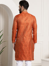 Men's Orange and Gold Festive Embellished Long Sleeves Kurta
