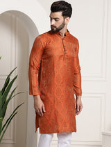 Men's Orange and Gold Festive Embellished Long Sleeves Kurta