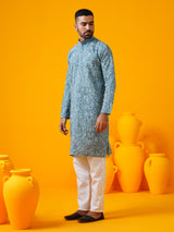 Men's Blue Full Sleeves Straight Embroidered Kurta