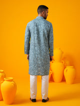 Men's Blue Full Sleeves Straight Embroidered Kurta