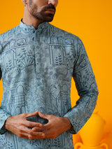 Men's Blue Full Sleeves Straight Embroidered Kurta