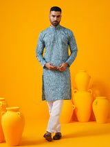Men's Blue Full Sleeves Straight Embroidered Kurta