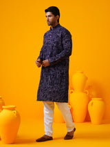 Men's Purple Full Sleeves Straight Embroidered Kurta