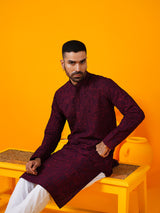 Men's Purple Full Sleeves Straight Embroidered Kurta
