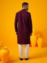 Men's Purple Full Sleeves Straight Embroidered Kurta
