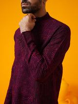 Men's Purple Full Sleeves Straight Embroidered Kurta
