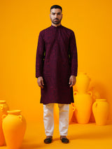 Men's Purple Full Sleeves Straight Embroidered Kurta