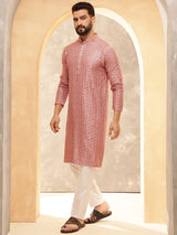 Men's Pink Full Sleeves Straight Kurta