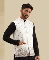 Men's White Embroidered Nehru Jacket