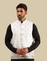 Men's White Embroidered Nehru Jacket