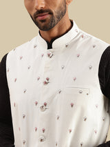 Men's White Embroidered Nehru Jacket