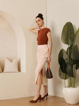 Women's Side Slit Straight Midi Satin Skirt