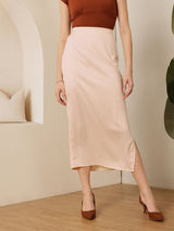 Women's Side Slit Straight Midi Satin Skirt