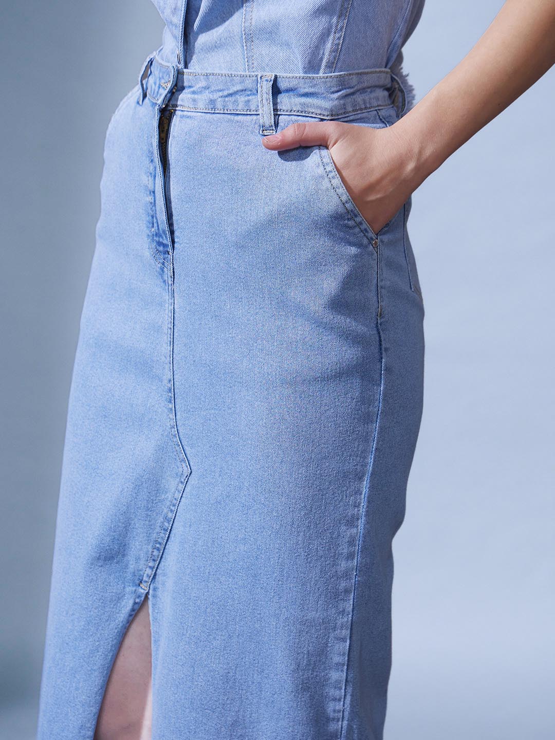Women's Blue Denim Pencil Midi Skirts