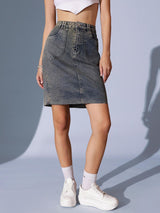 Women's Woven Design A-Line Knee Length  Denim Skirt