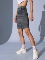 Women's Woven Design A-Line Knee Length  Denim Skirt