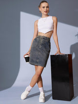 Women's Woven Design A-Line Knee Length  Denim Skirt