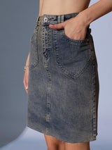 Women's Woven Design A-Line Knee Length  Denim Skirt