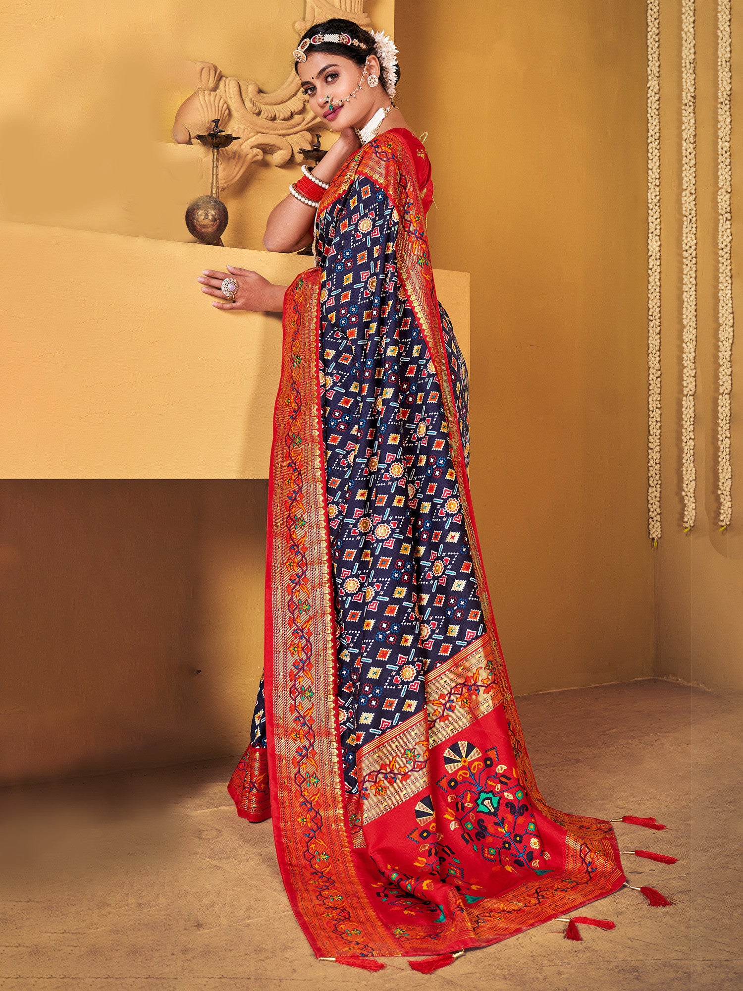 Women's Silk Blend Navy Woven Design Designer Saree with Blouse Piece