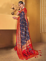 Women's Silk Blend Navy Woven Design Designer Saree with Blouse Piece