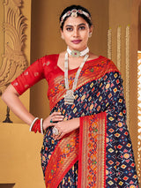 Women's Silk Blend Navy Woven Design Designer Saree with Blouse Piece