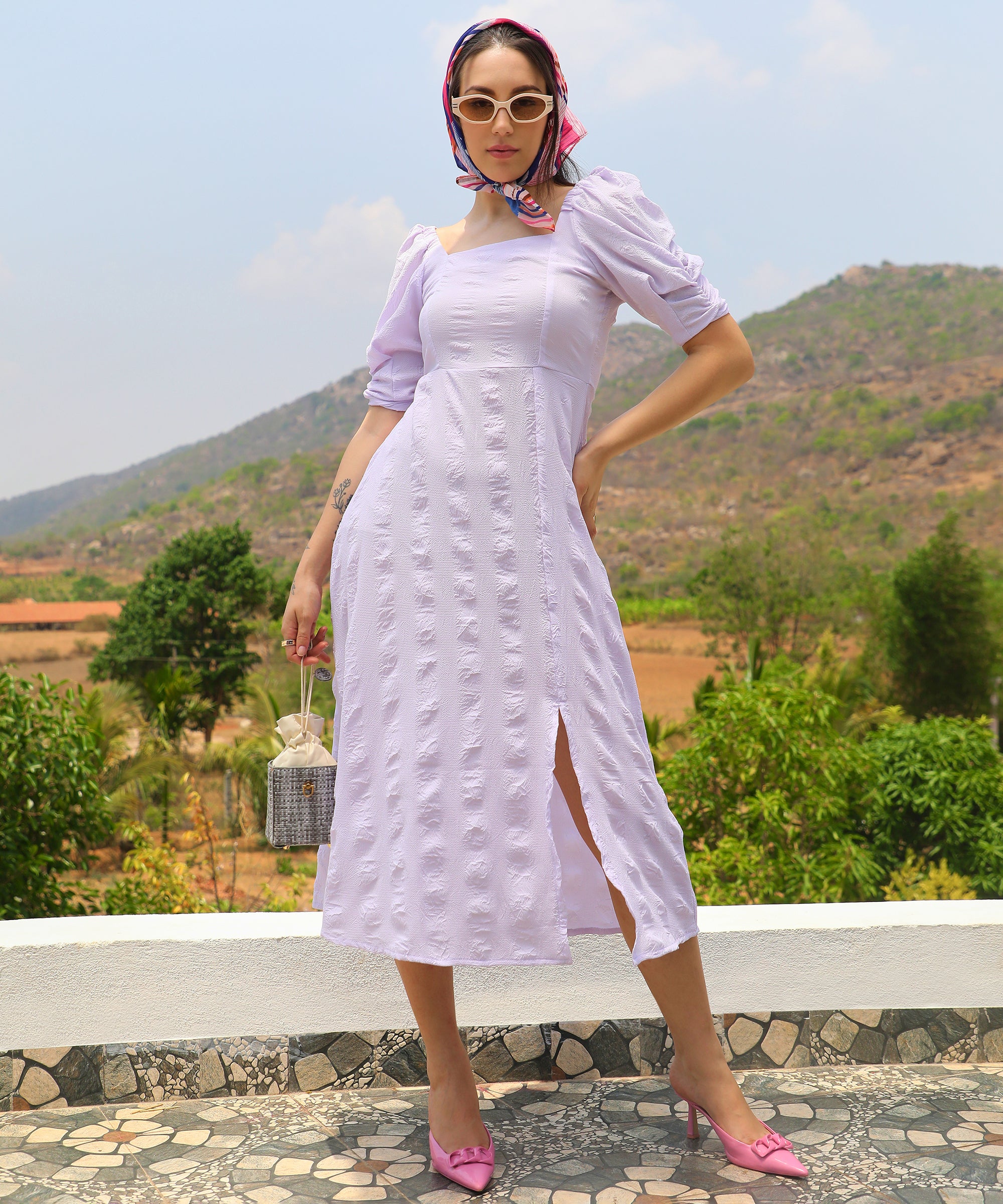 Women's Pastel Purple Creased Dress With Slit Detail