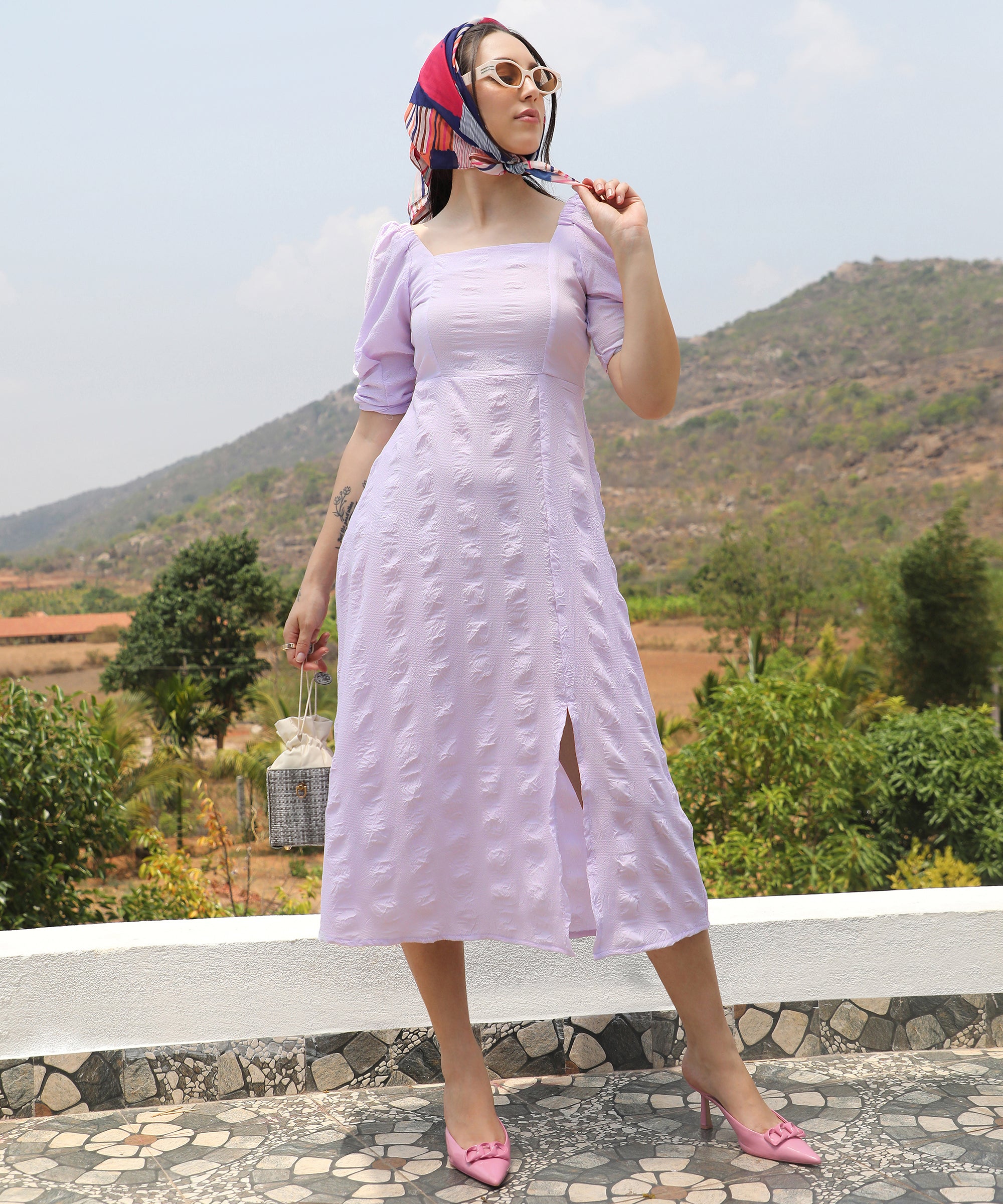 Women's Pastel Purple Creased Dress With Slit Detail