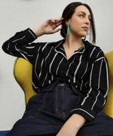 Women's Midnight Black & Moon Grey Striped Boxy Shirt