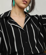 Women's Midnight Black & Moon Grey Striped Boxy Shirt
