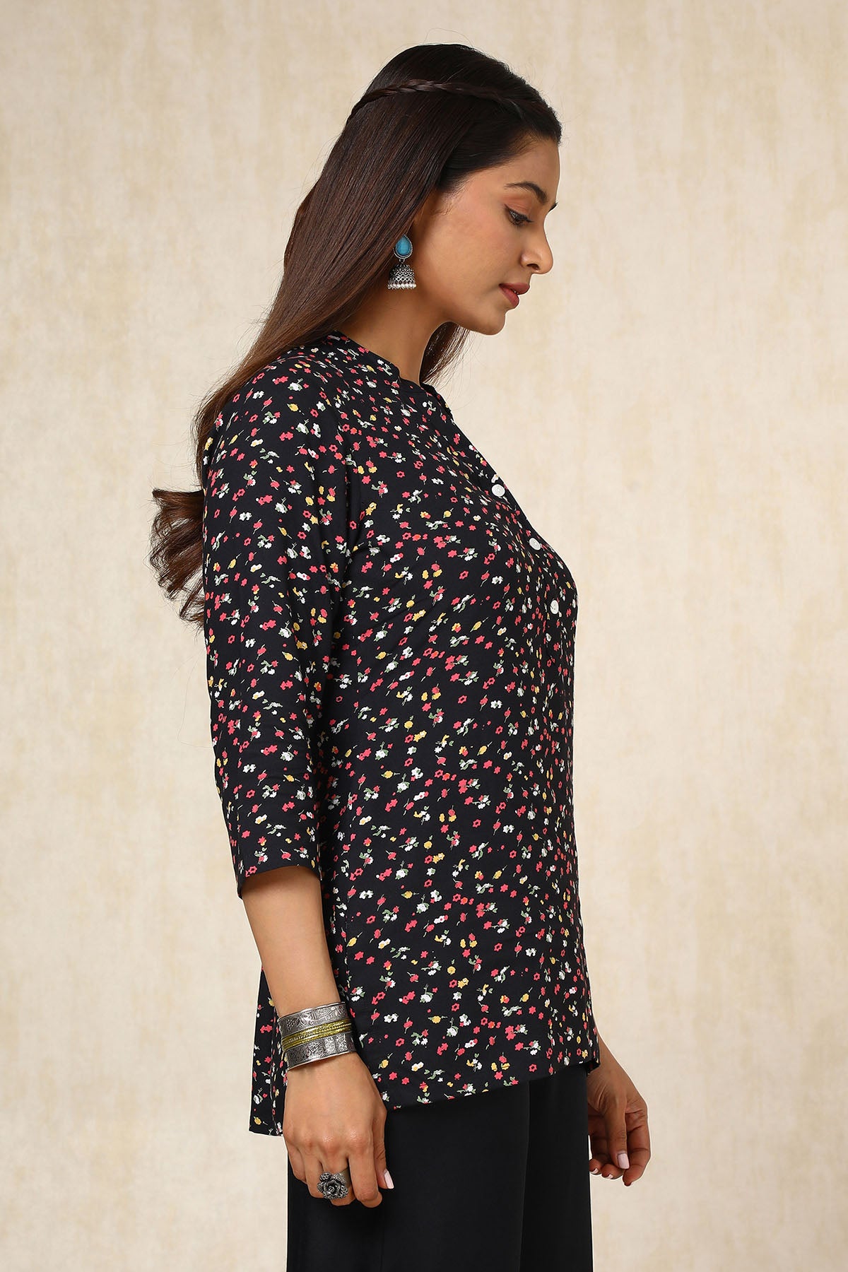 Women's Black Rayon Floral Print Tunic