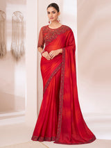 Women's Pure Chiffon Red Embellished Designer Saree With Blouse Piece
