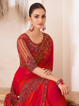 Women's Pure Chiffon Red Embellished Designer Saree With Blouse Piece