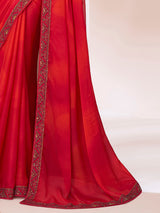 Women's Pure Chiffon Red Embellished Designer Saree With Blouse Piece